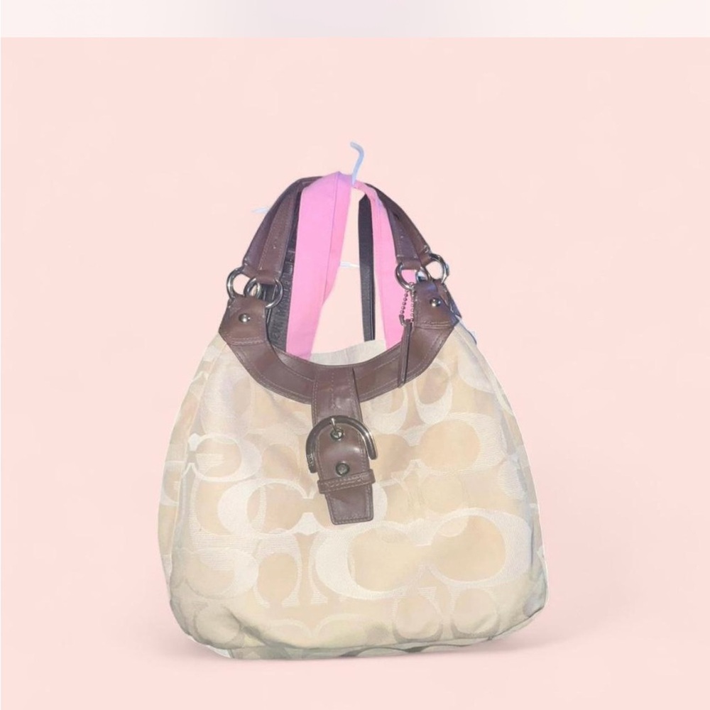 Coach Beige Signature Hobo with Brown Leather Trim